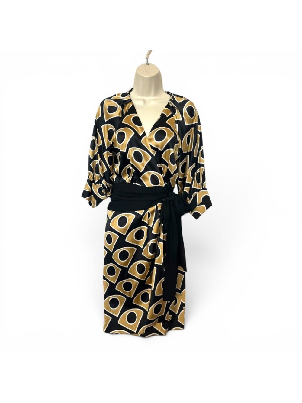 Diane Von Furstenberg Size 10 Lanii True Wrap Dress Silk Black & Gold Geometric